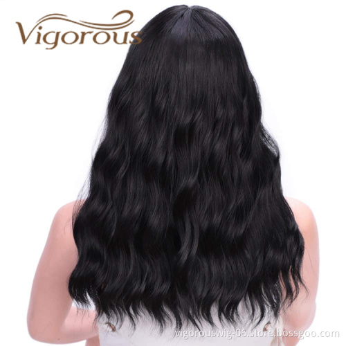 Vigorous Best Selling Wholesale Black Body Wave Middle Long With Neat Bangs Machine Made For Black Women Synthetic Hair Wigs